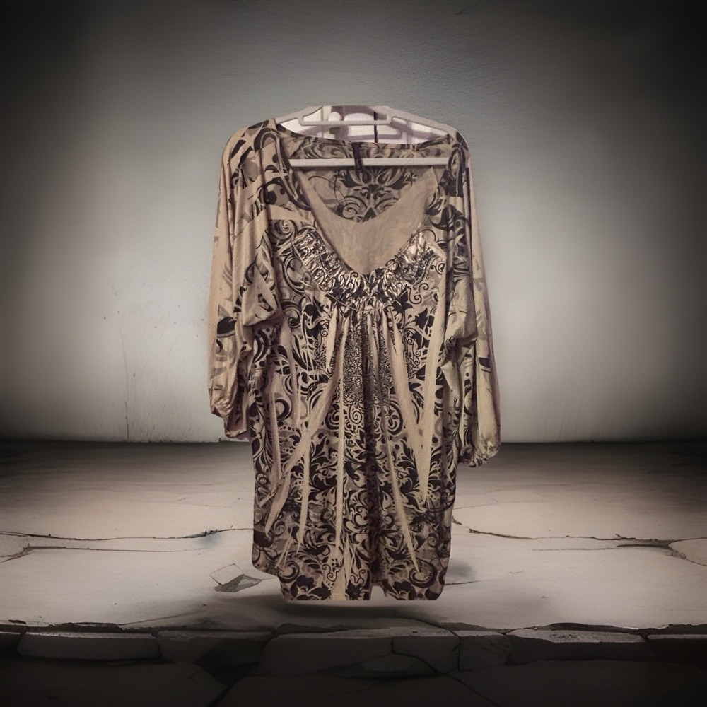 Women's Judith Stretch Beige & Black Floral Scroll Blouse Shirt Top Plus Size 3X